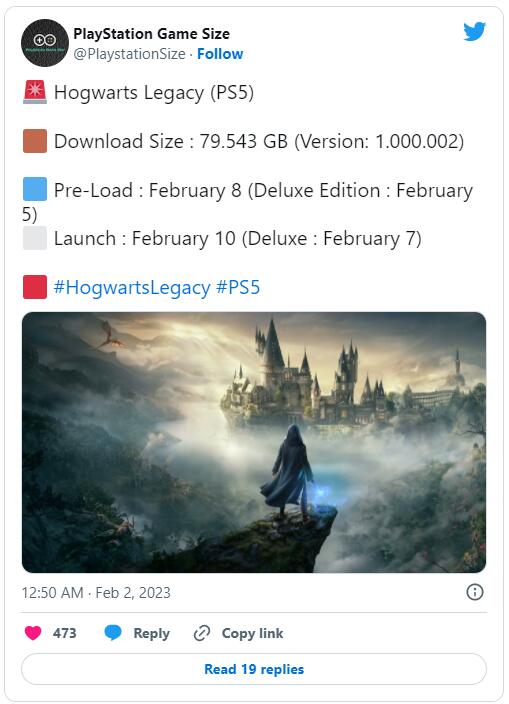 PS5版《霍格沃茨之遗》容量接近80GB 2月8日开启预载